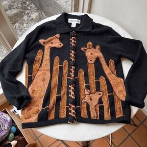 Vintage 90s Victoria Harbour Giraffe Cardigan Sweater Removable Collar